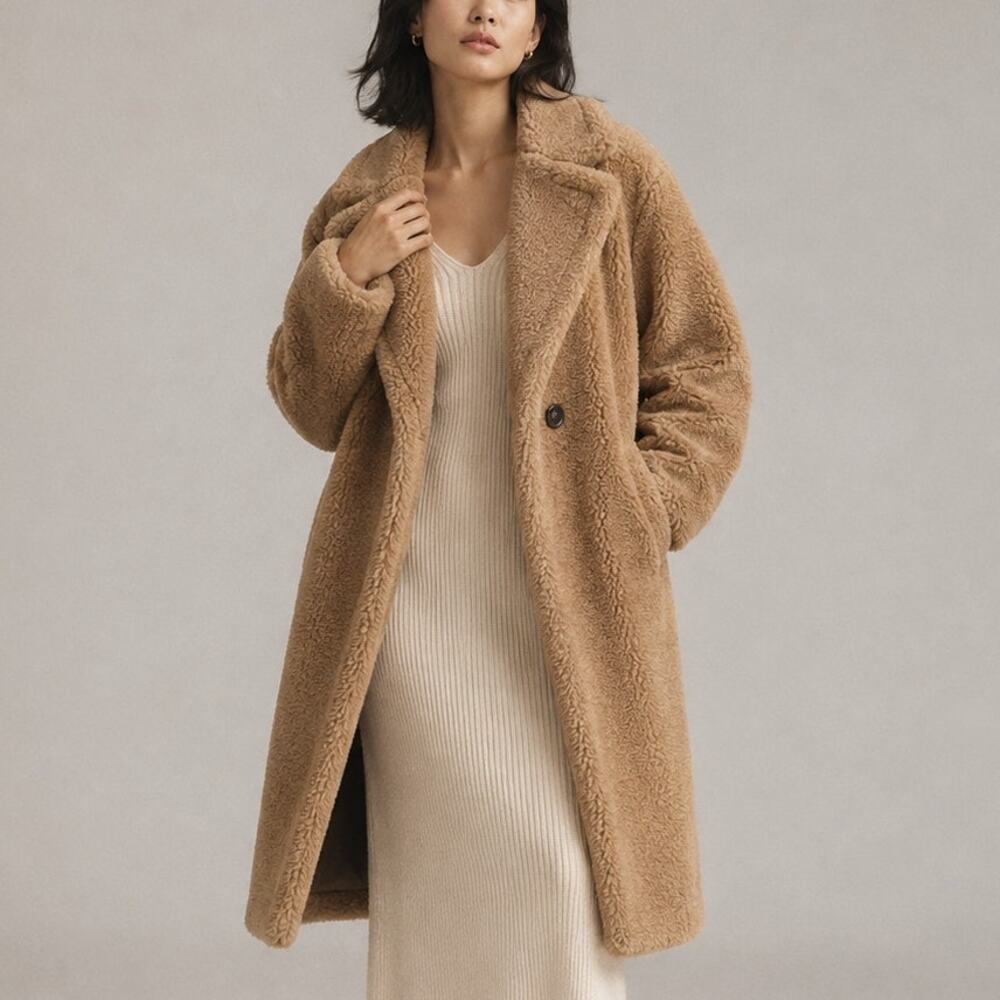 Uniqlo Windproof Outer Teddy Fleece Tailored Coat Women's S Brown Button Front